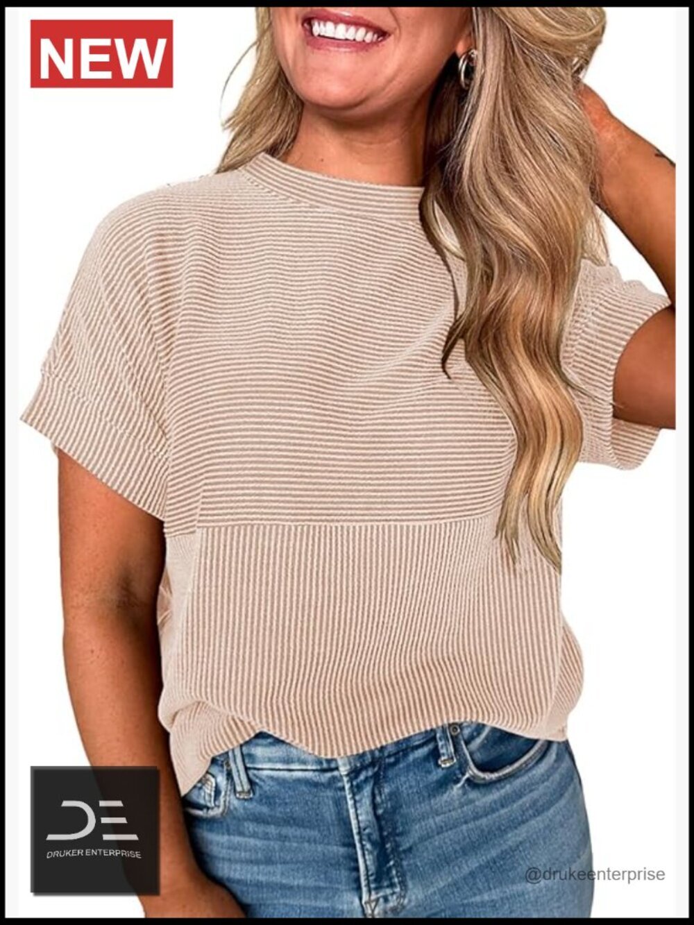 Short Sleeve Ribbed Knit Striped Crewneck Loose Fit T-Shirt